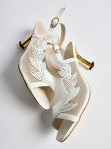 女士网面高跟凉鞋，时尚露趾系带凉鞋，百搭连衣裙凉鞋，情人节圣诞节冬季圣诞礼物 - 白色 - 查看 9