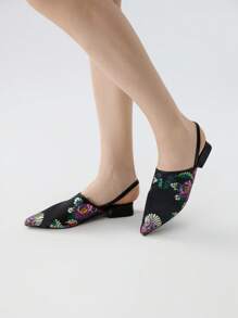 Zuecos de punta fina con bordado para mujer, de tacón plano, para primavera y verano