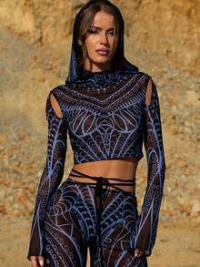 LADYINGBAY Blue Mysterious Hooded Mesh Top, Wide Leg Pants Set, Holiday Performance Costume, Party Dance Costume Halloween Costumes And Christmas Performance Outfits - Blue - View 3