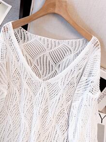Women's Summer V-Neck Openwork Diamond Pattern Design Loose Knit Cover Up Coverup, Beach Resort