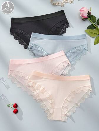 4条装对比色蕾丝蝴蝶结前罗纹针织三角裤 基础款内衣和睡衣