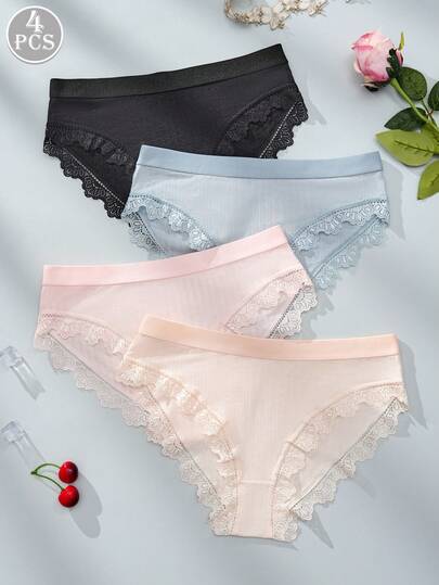 4条装对比色蕾丝蝴蝶结前罗纹针织三角裤 基础款内衣和睡衣