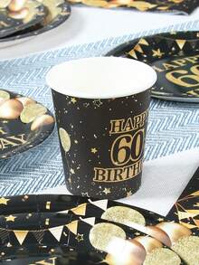 黑金主题 60 岁生日快乐一次性餐具、一次性 7 英寸/9 英寸餐盘、纸杯、餐巾、气球图案 60 岁生日派对家庭节日派对装饰用品 - 黑金60歲 - 查看 4