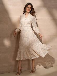 Elegant Stand Collar Button Decor Lantern Sleeve A-Line Dress