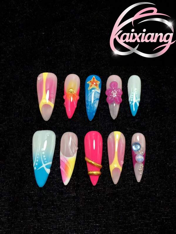 10 - Piece Handmade Press Nails With A 3.3 - Mm Stiletto - Shaped Nail Form. Featuring Blue Gradient, Pink Blush, Mirror Powder, Pearls, Hand - Painted Stars, And 3D Three - Dimensional Carvings. Perfect For Those Who Pursue Individuality And Love Eye - Catching Looks. Ideal For Showcasing A Vibrant Atmosphere In Spring And Summer.