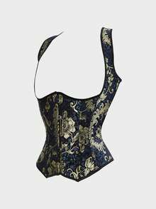 Corset Tops For Women Floral Jacquard Lace Up Under Boob Corset Pirate Renaissance Corset Vest Halloween Steampunk Corset - Màu xanh lam - Xem 2