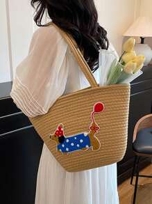 Cotton String One Shoulder Tote Bag For Women, Large Capacity Woven Bag, Ideal For Beach Vacation, Summer