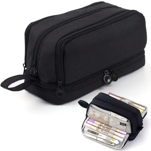 Estuche de lápices de gran capacidad con 4 compartimentos, bolsa de lápices con cremallera y asa, organizador de artículos de papelería para oficina, escuela, universidad, adultos, adolescentes, niños y niñas, color negro, de vuelta a la escuela, útiles escolares, estuche de lápices, mochila escolar