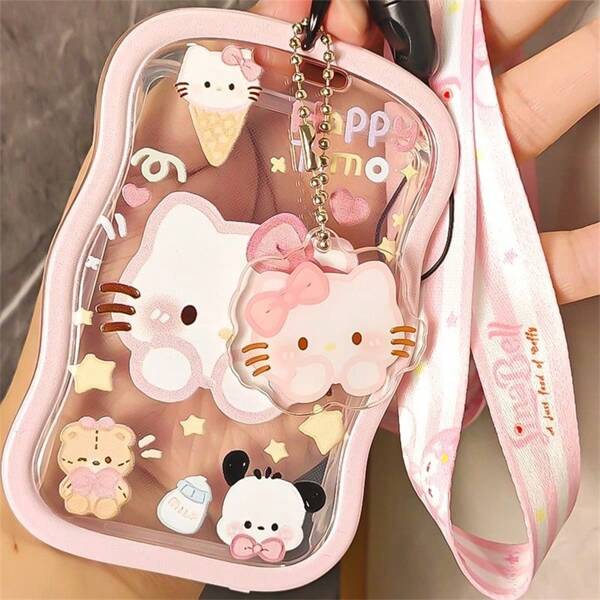Sanrio [Authorize]Sanrio Hello Kitty Cartoon Transparent Card Holder With Retractable Student Bus Card Meal Card Protection Case Credential Badge Holder Pochacco,School Supplies,Back To School