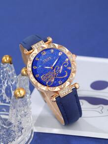 5Pcs/Set Ladies Watch Women Full-Rhinestone Eiffel Tower Dial Quartz Watch And Blue Gemstone Jewelry Gift Set Watch For Women Suitable For Daily Wear, Back-To-School Season, Graduation Season, Thanksgiving, Couples, The Best Gifts Watch Box Not Included