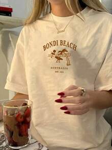 Women's Summer Australian Bondi Beach Printed Casual Simple Loose Everyday Street Short Sleeve T-Shirt Tops Women's Summer Everyday Casual Street Style Tops Cute T-Shirts Beach Tops Summer Tops For Women Tops For Summer Going Out Tops Women - Apricot - View 5