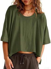 Womens Oversized-Shirts Cropped Summer Casual Short Sleeve Loose Fit Tee Tops - Army Green - View 1