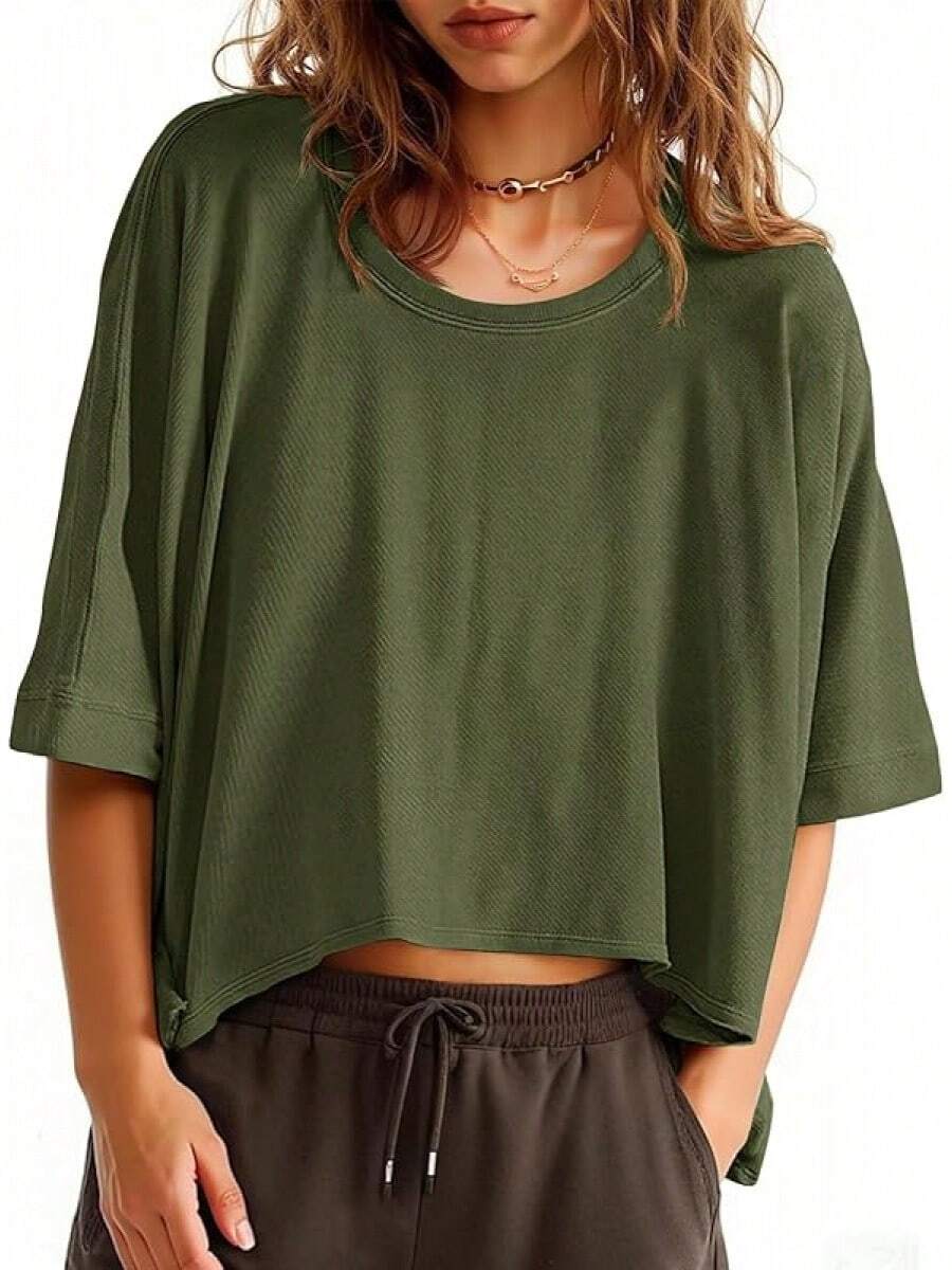 Womens Oversized-Shirts Cropped Summer Casual Short Sleeve Loose Fit Tee Tops - Army Green - View 1