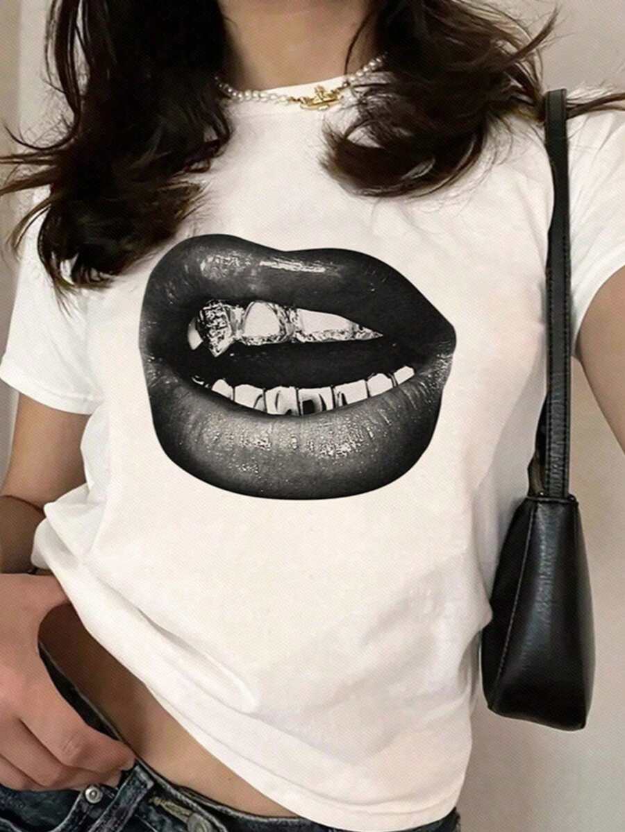 唇印休闲圆领短袖T恤，夏季 - 白色 - 查看 1