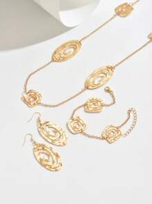 4 pièces Set de bijoux élégants pour femmes, style rétro boho géométrique en métal, collier + boucles d'oreilles + bracelet avec design ovale, carré, spiralé. Convient pour le Moyen-Orient, usage quotidien, soirée, rue, cadeau de vacances, accessoire polyvalent
