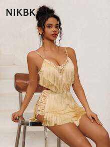 NIKBK Vestidos cortos de cóctel para mujer con tirantes de espagueti, escote en V, sexy, con strass y flecos, corpiño discreto