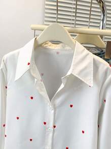 Women's Allover Heart Print Polo Collar Shirt - Oversized Button-Up Front Long Sleeve Top For Casual To Dressy Essentials, Spring Summer Fall All-Season Capsule Wardrobe