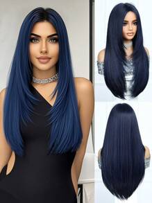 Parrucca lunga 26 pollici di colore blu scuro per donne, capelli sintetici lunghi e lisci tessuti a macchina con riga centrale, parrucca sintetica a onde naturali resistente al calore per uso quotidiano, feste, cosplay e tutti i giorni