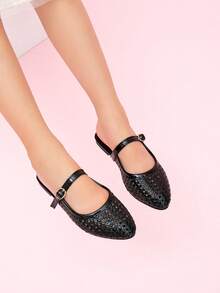 1 Pair Versatile Breathable Pointed Toe Flat Shoes For Girl, Suitable For All Seasons - Black - View 4