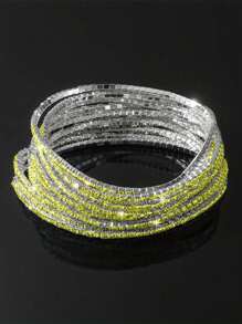 12pcs Sparkling Yellow Rhinestone Elastic Bangle Bracelet Set, Y2K Pink Bridal Wedding Party Bracelet