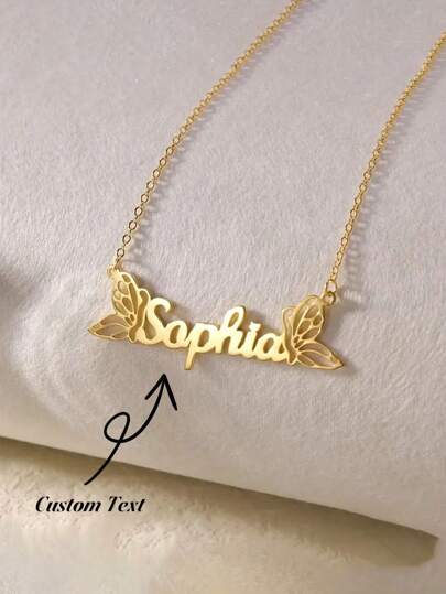 1pc Customized Gold Stainless Steel Butterfly Name Necklace - Personalized Elegant Pendant With Delicate Chain, Women Durable Jewelry Gift, Suitable For Daily And Party Wear, Minimalist Design