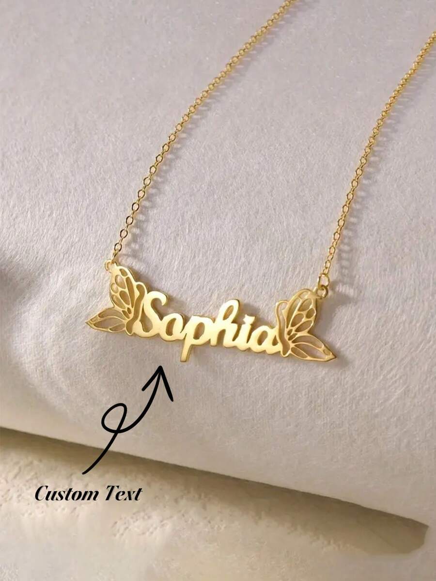 1pc Customized Gold Stainless Steel Butterfly Name Necklace - Personalized Elegant Pendant With Delicate Chain, Women Durable Jewelry Gift, Suitable For Daily And Party Wear, Minimalist Design