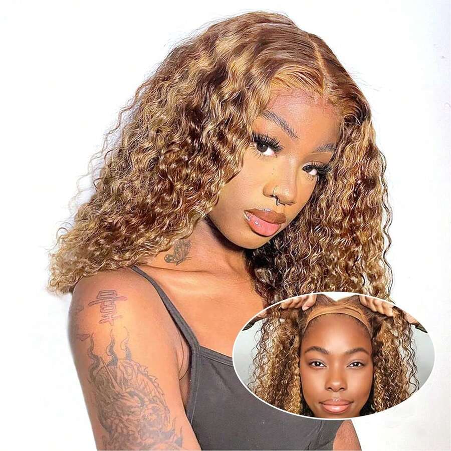 7x5 HD Lace Closure 4/27# Highlight Deep Wave Wig Human Hair Wigs For Black Women Glueless Curly Wigs Human Hair Pre Plucked Wear And Go Wigs 250 Density 14 Inch BOB Wig Human Hair - SP4/27 - 查看 1