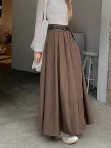 Rok Panjang Berlipit dengan Pinggang Tinggi untuk Musim Gugur/Dingin, Rok Panjang Model A-Line Elegan untuk Perjalanan, Halloween, Natal - kopi - View 5