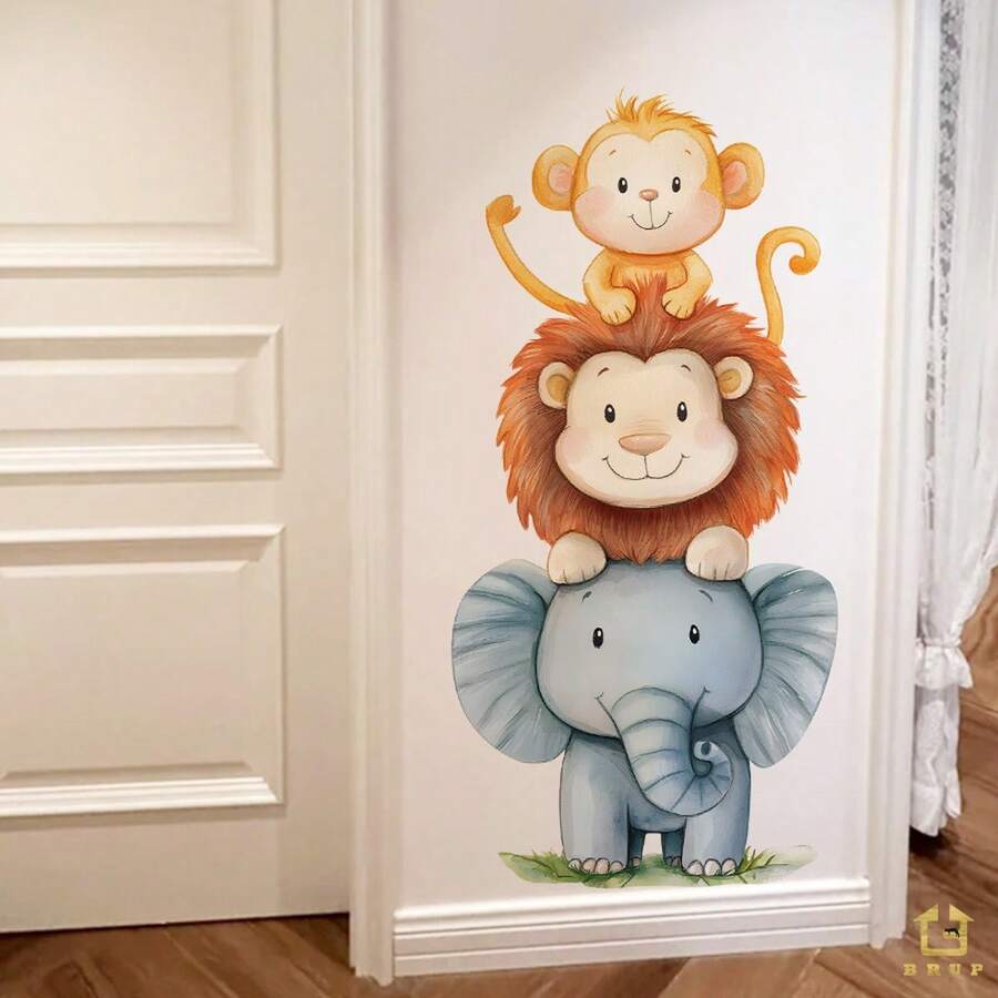 1pc Watercolor Cute Animal Wall Sticker - Elephant And Monkey Design - PVC Self-Adhesive Mural - Suitable For Game Room/Kids Room Decor, Living Room, Door, Kindergarten, Classroom, Home Decor & Gift