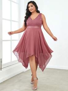 EVERPRETTY Summer Contrast Color Lace Asymmetric Hem Party Dress/Graduation Prom Dress - Dusty Pink - View 4
