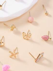 30 Pairs/Set Assorted Metal Faux Pearl Stud Earrings, Cute Minimalist Fashion Designs Including Heart, Rhinestone, Star, Square, Bow, Strawberry, Coconut Tree, Snowflake, Versatile For Daily Wear, Holiday Gift For Women