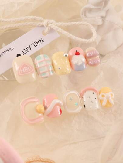 XEERCOOU 10Pcs Short Nails Cute Dessert Cake Happy Birthday Office Daily Wear False Nails Includes 1Sheet Tabs &1 Pc Mini File Press On Nails Nail Supplies Nails