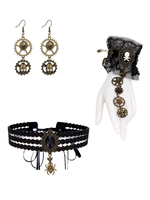 4pcs Steampunk Metal Gear Drop Earrings+Gothic Lace Skull Bracelet+Victorian Velvet Spider Choker Necklace For Party Cosplay,Women Halloween Costume