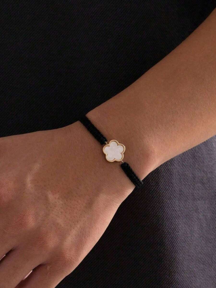 1pc Black Enamel Flower Handmade Adjustable Bracelet, Suitable As Father's Day Or Mother's Day Gift