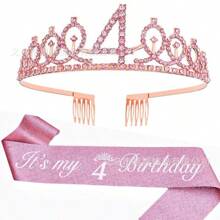 2pcs/Set 4th 5th 6th 7th 8th 9th 10th 12th 13t 16th Birthday Gift Party Favor Rhinestone Crown Jewelry Peony Ribbon Number Etiquette Rose Flower Shoulder Strap Onion Powder Cloth Belt Holiday Dress Up Set Fashion Number Delicate Crown Tiara Hair Accessories It's My Birthday For Pink