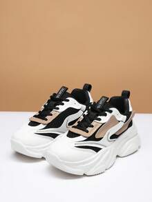 Women's Platform Chunky Fashion Sneakers Walking Lace-Up Comfortable Dad Sneakers Workout Sport Work Casual Tennis Shoes - Đen/Tân - Xem 5