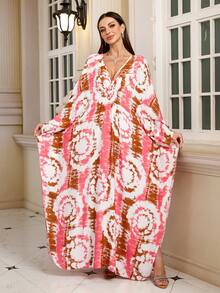 Women's Tie-Dye Print Batwing Sleeve Loose V-Neck Bohemian Style Robe/Robe - Pink - View 7