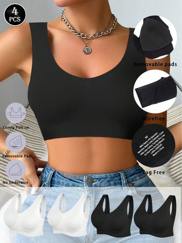 4 Pezzi Reggiseno senza cuciture a forma di I, reggiseno sportivo leggero, reggiseno yoga confortevole con supporto, imbottitura rimovibile per prevenire il cedimento, reggiseno estivo, fresco al tatto, sericeo, leggero