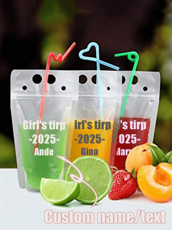 10/20pcs/Set Customed Clear Portable Drink Bags With Straws, Customize Personalized Name, Logo, Text, Sealed Zipper Smoothie Juice Pouch, Upright Plastic Bags Suitable For Camping, Birthday Parties, Simple Clear Plastic Portable Drink Bag For Home