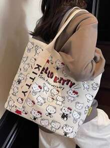 Sanrio 1 Stück Hello Kitty Kosmetiktasche Damen Große Kapazität Einkaufstasche, Reise-Schultertasche, Große Kapazität wiederverwendbare Einkaufstasche faltbar, Damen Segeltuch Tragetasche mit Uhrenarmband - Reißverschluss, Polyester Futter