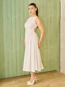 Andrea Bello Women's White Long A-Line Sexy Elegant Waisted Bubble Hem Dress Simple Solid Color Dress Backless Minimalist Sleeveless Midi Dress, Suitable For Work & Vacation And Summer