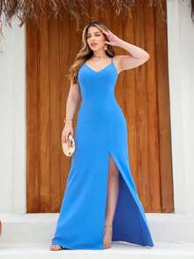 Long Plain Dress With Slit And Adjustable Straps For Wedding Party Bridesmaid Guest - 藍色 - 查看 4
