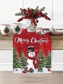 1pc Christmas Snowman Table Runner, Merry Christmas Tablecloth Table Cover, Christmas Party Supplies, Christmas Table Centerpiece Decoration, Christmas Decoration, Christmas Party Decoration, Christmas Room Decoration, Christmas Table Decoration, Home Decor, Kitchen Decor, Autumn Decor, Winter Decor, Christmas Eve Decoration, 2027 New Year Decoration, Halloween, Perfect Choice For Christmas Decoration And Christmas Ornaments. - Snowman Christmas Tree On Both Sides - View 5
