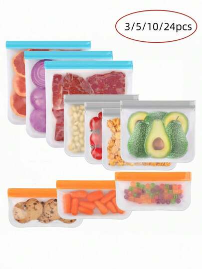 3/5/10/24个可重复使用拉链袋，防漏冷冻袋，午餐食品储存袋，腌制食品，旅行
