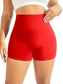 TNTOR 大码女式纯色休闲健身运动短裤，弹力瑜伽短裤紧身提腰收腹健身短裤，夏季户外瑜伽裤，黑色高腰提臀健身短裤，蜜桃臀中腰高弹力速干紧身健身短裤 - 紅色 - 查看 6
