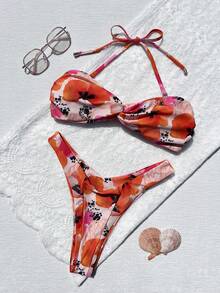 Damen sexy Blumen Spaghetti-Träger Binden Bikini Weihnachts-Set