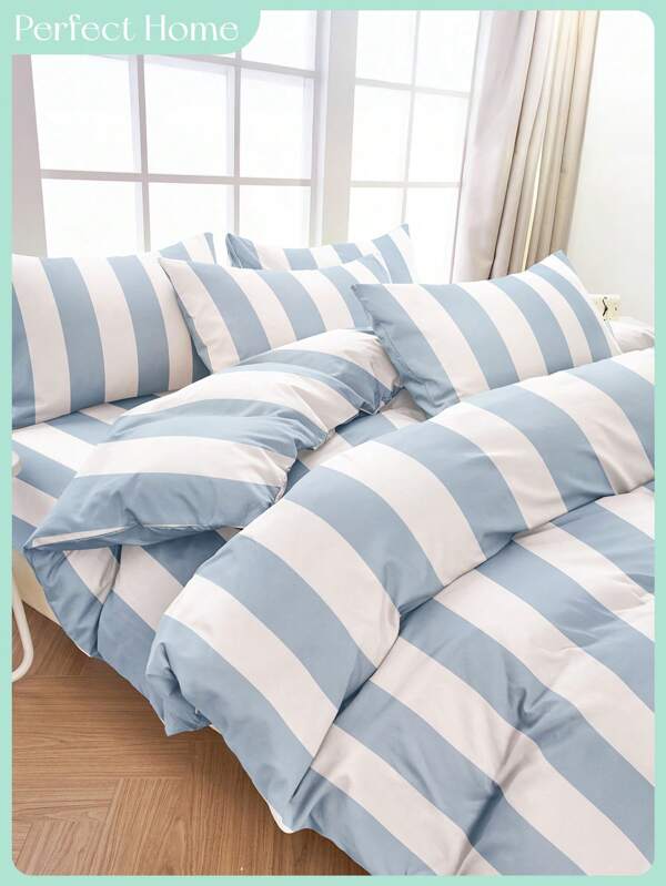 Juego de funda nórdica de 2/3 piezas, cubierta de cama con patrón de rayas azul y blanco, ropa de cama ultra suave, decoración acogedora de la habitación, ropa de cama transpirable y amigable con la piel, juego de cama cómodo y antipilling, funda de edredón y funda de almohada con patrón de rayas para primavera y verano