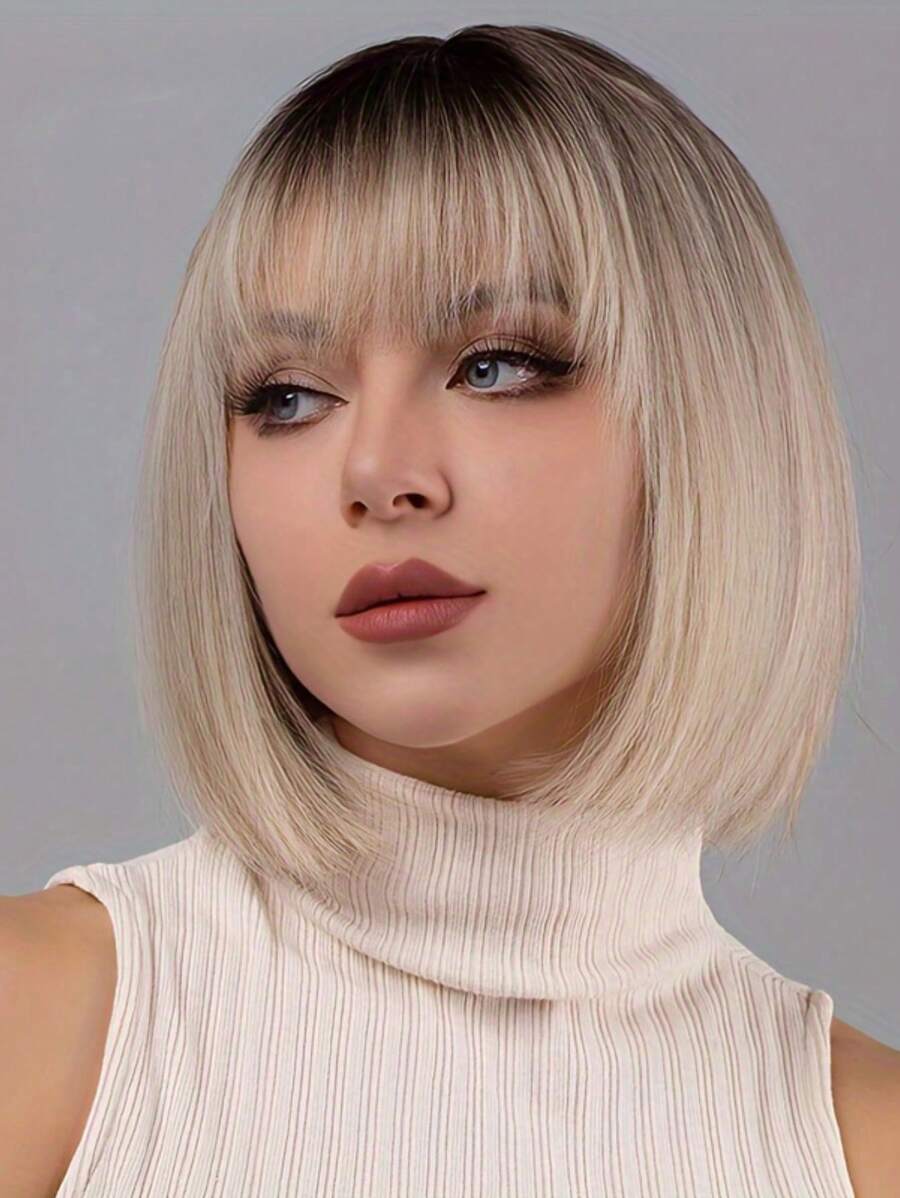 12 Inch Multicolor Short Straight Bob Wig With Bangs Women's Straight Hair Wig Dark Roots Synthetic Heat Resistant Fiber Suitable For Daily Party Cosplay Use