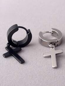 1 par de brincos masculinos com pingente de cruz personalizado, sem piercing, clipes de orelha de aço inoxidável, brincos minimalistas de hip hop para casais, adequados para encontros, férias, festa