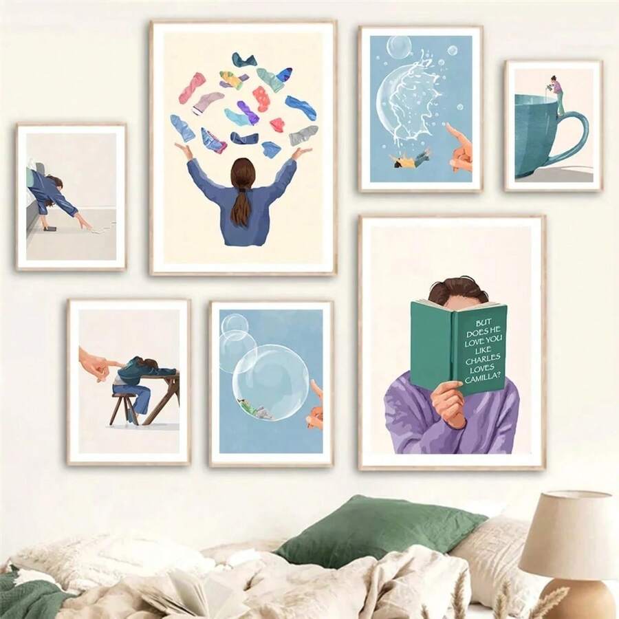 1pc Quà tặng hiện đại tối giản cuộc sống hàng ngày nghệ thuật treo tường vải canvas cô gái đọc sách áp phích bóng bay in cốc hình ảnh trừu tượng cho trang trí phòng khách khung tùy chọn - Nhiều màu - Xem 1
